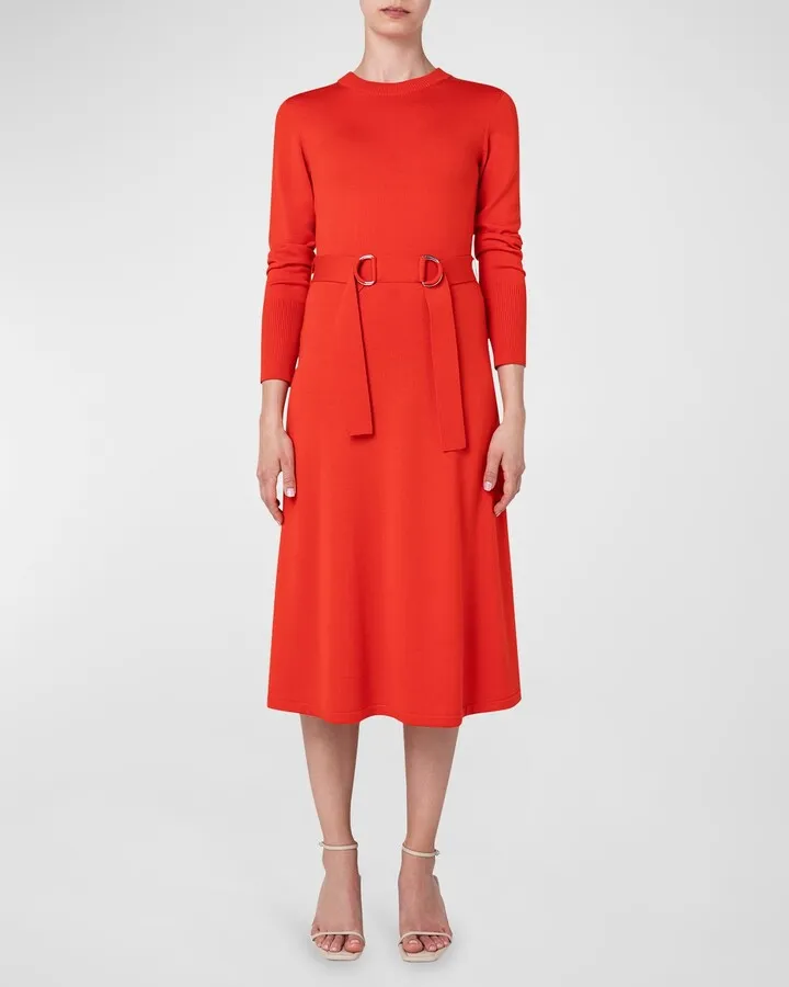 Belted Merino Wool Knit Midi Dress