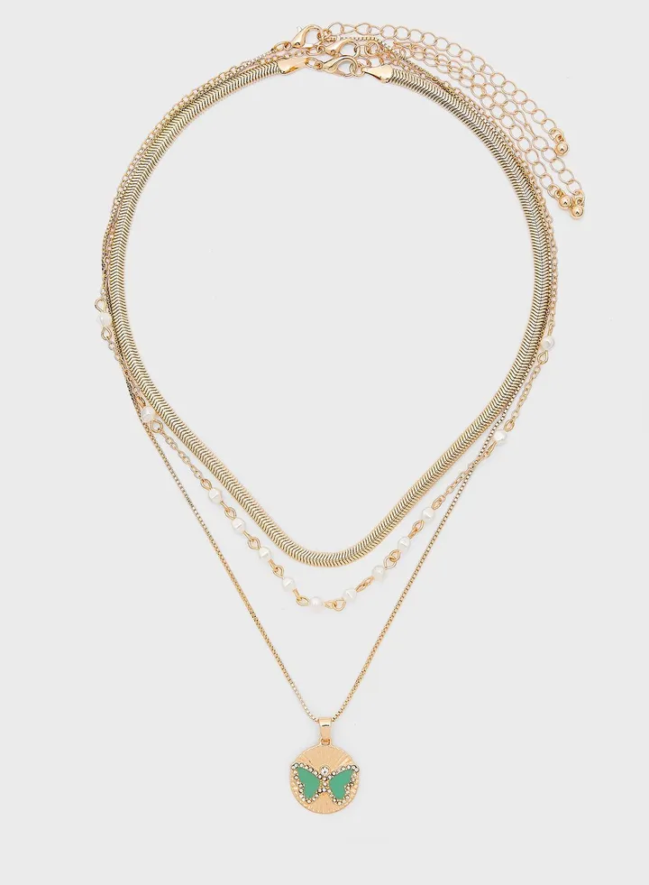 3 Pack Butterfly Pearl Necklace Set