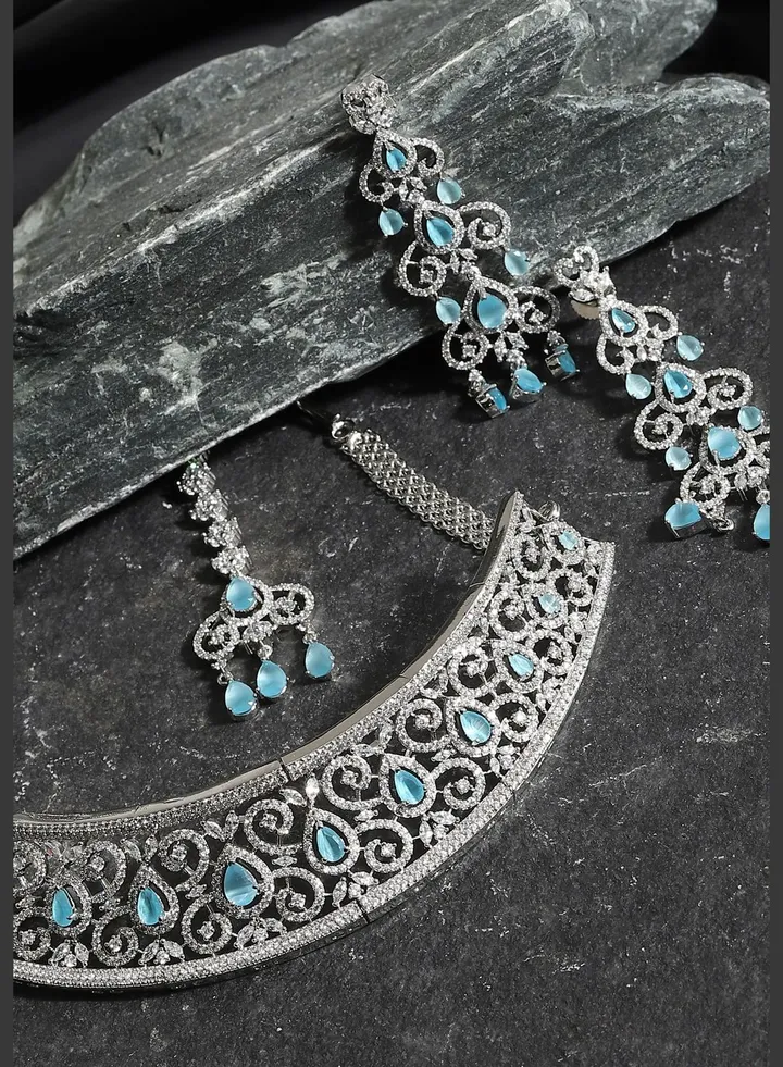 Silver Plated American Diamond and Designer Stone Party Necklace, Earring and Maang Tikka Set For Women