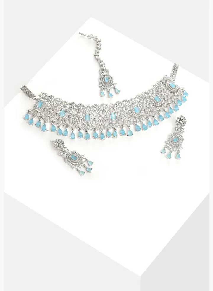 Silver Plated Designer Stone Necklace, Earrings and Maang Tikka Set Jewellery Set