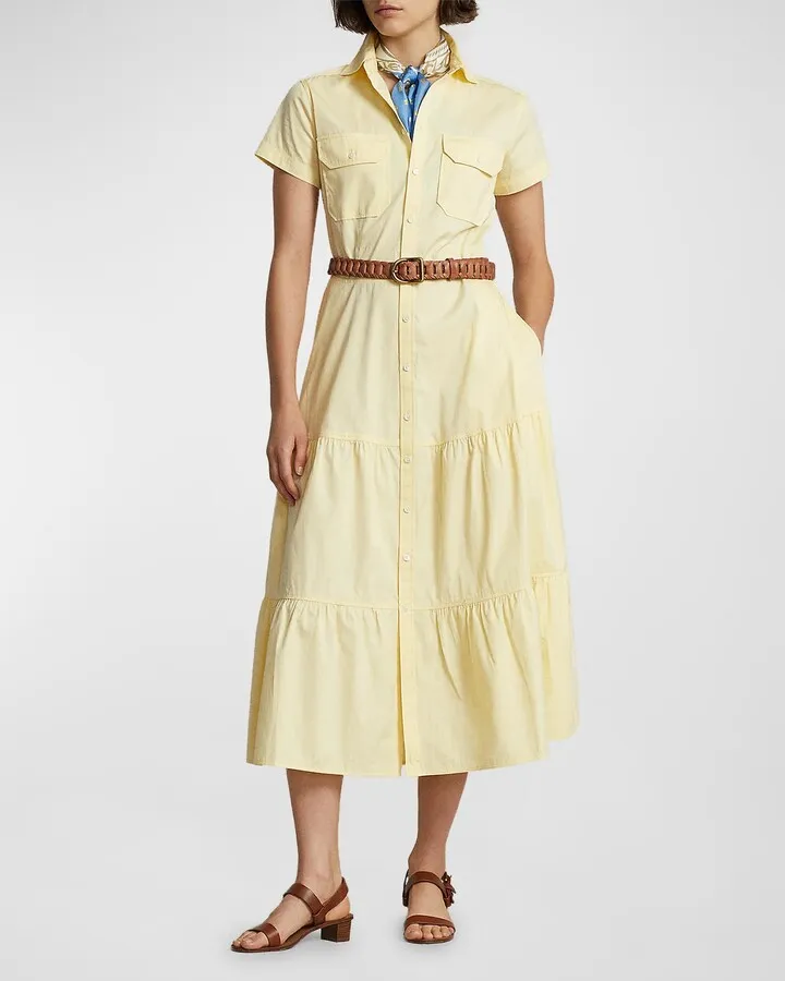 Belted Tiered Cotton Shirtdress