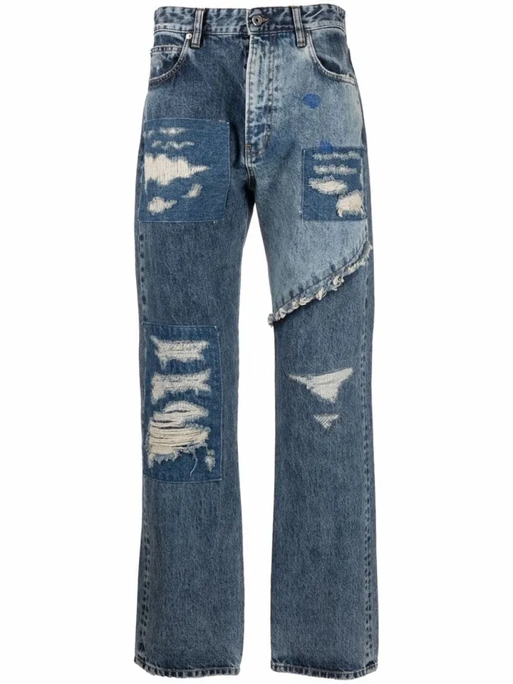 Distressed-Finish Straight-Leg Jeans