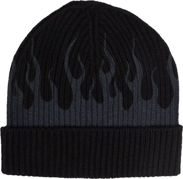 Flame-Embroidered Rib-Knit Beanie