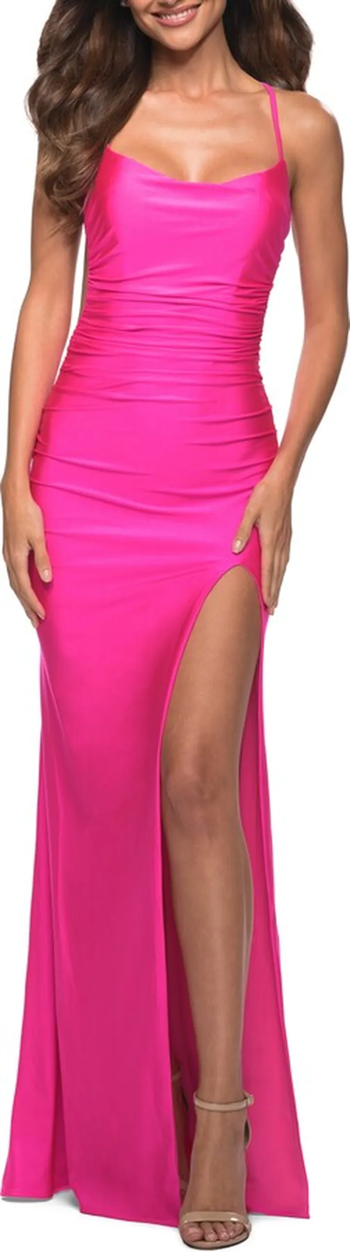 Neon Pink Long Tie Up Back Jersey Dress