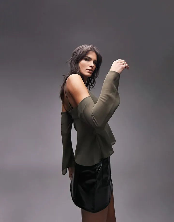 Topshop cold shoulder strappy long sleeve top in khaki