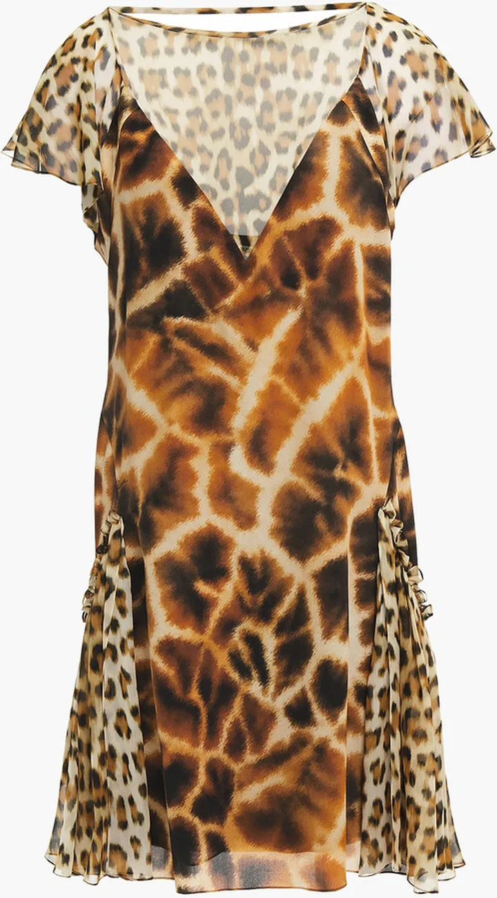 Leopard-print chiffon-paneled silk-blend crepe de chine mini dress