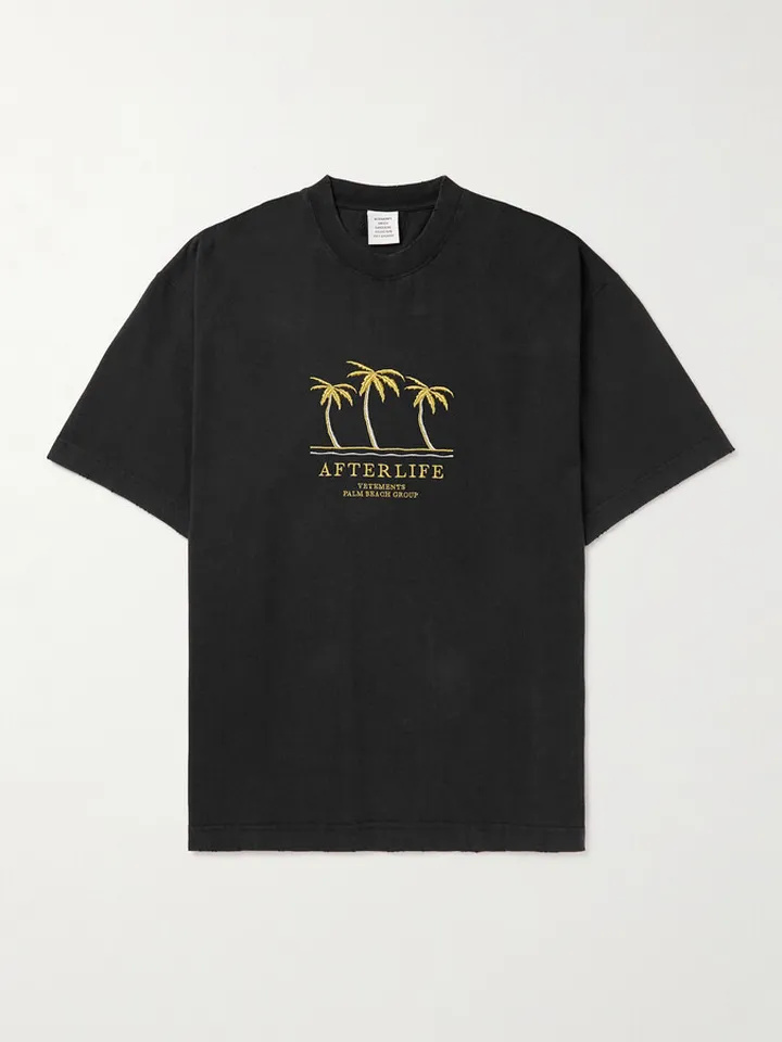 Oversized Embroidered Distressed Cotton-Jersey T-Shirt