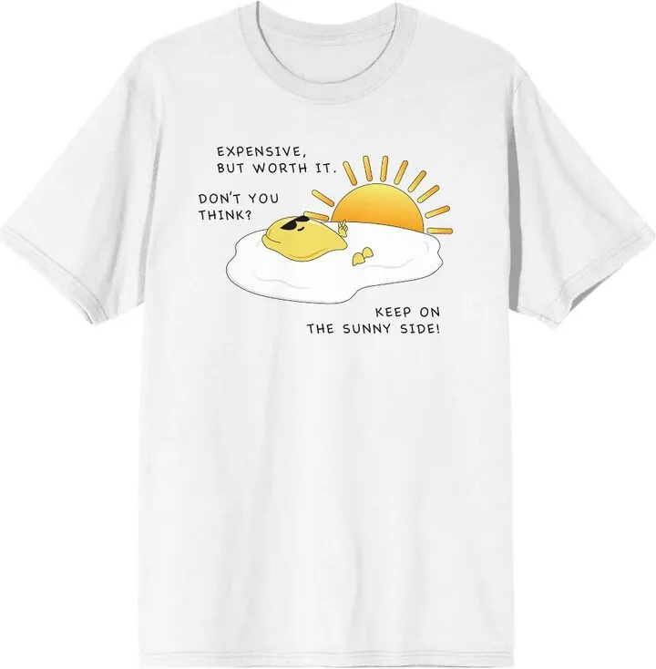 Eggspensive Eggs “Keep On The Sunny Side” Egg and Sunshine Men’s White Short Sleeve Crew Neck Tee-Large