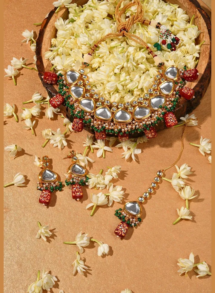 Gold Plated Kundan Beaded Necklace, Earrings and Maang Tikka Set