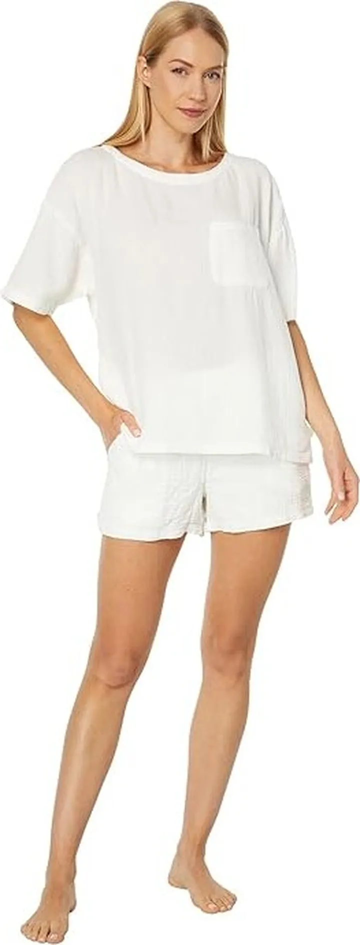 Barefoot Dreams Malibu Collection(r) Sun Soaked Crinkle Cotton Tee Shorts Set (Sea Salt) Women's Pajama Sets