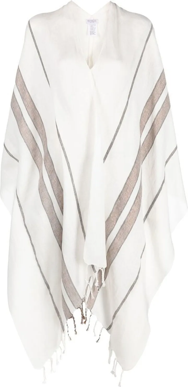 White Striped Fringed Poncho
