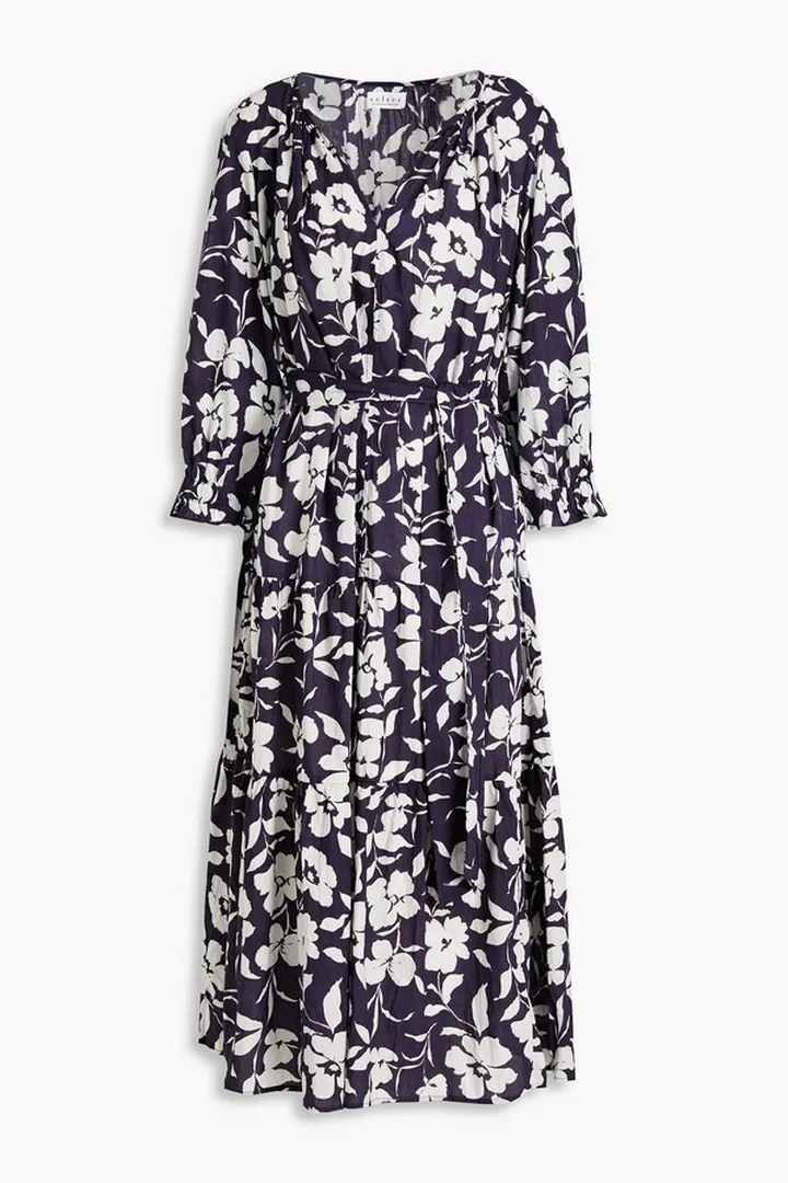 Gathered belted floral-print cotton midi dress