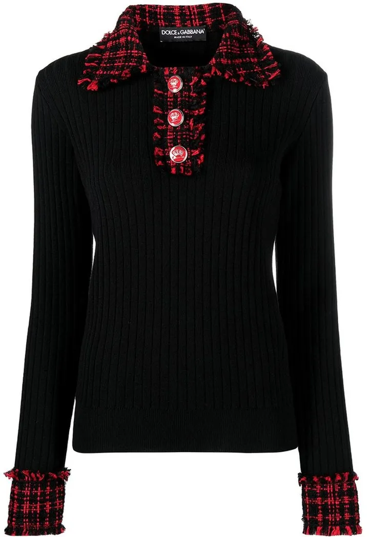 Tweed-Detail Ribbed-Knit Top