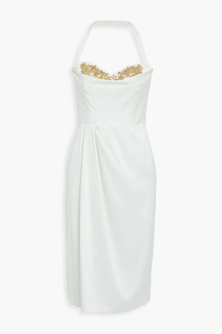 Embellished draped pleated crepe halterneck dress