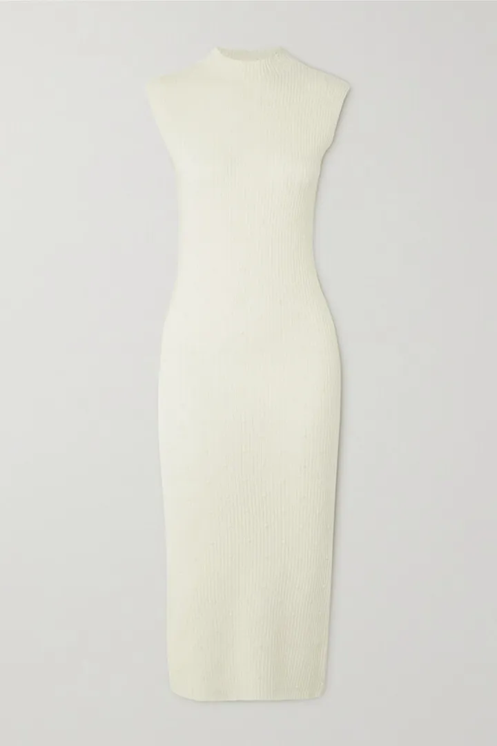 Arch4 - Cynthia Embroidered Ribbed Cashmere Midi Dress - Ivory
