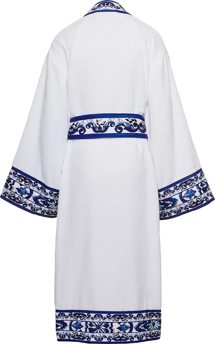 White Kimono Bathrobe With Blu Mediterraneo Trim In Cotton Dolce & Gabbana