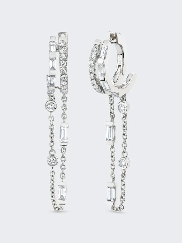 Double Mixed Diamond Fringe Huggie Earrings 18k White Gold