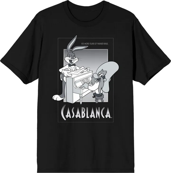 WB 100: Looney Tunes Mashups Casablanca Piano Scene Crew Neck Short Sleeve Black Men’s T-shirt-3XL