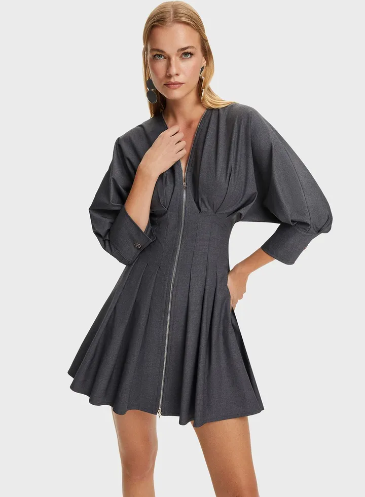 Zip Detail Pleated Dress