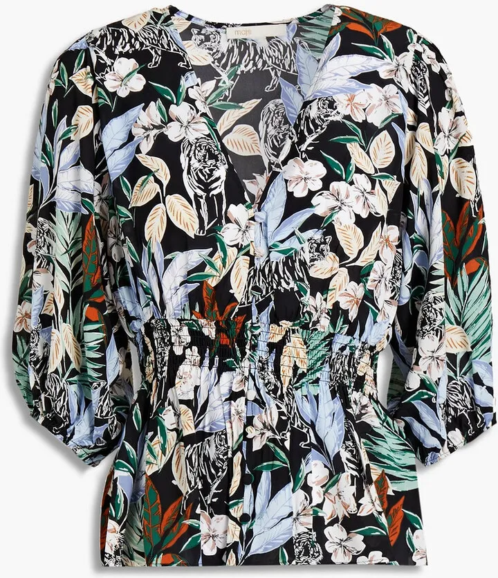 Shirred floral-print crepe de chine blouse