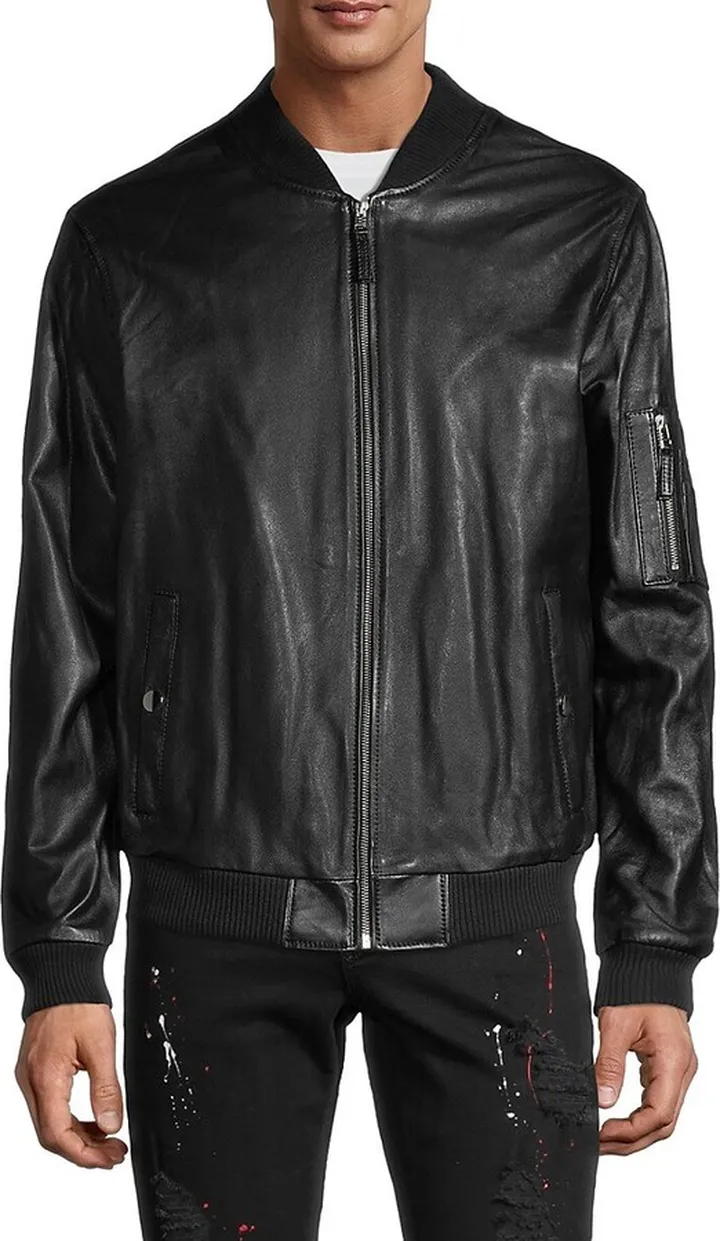 Sleeve-Pocket Leather Bomber Jacket