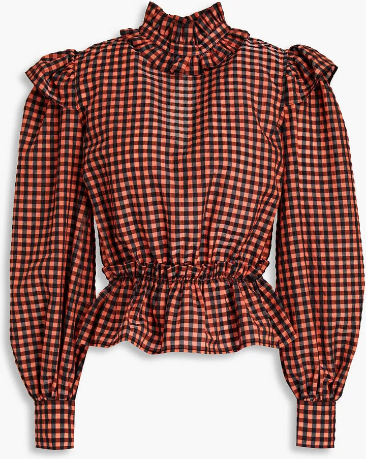 Gathered metallic gingham seersucker shirt
