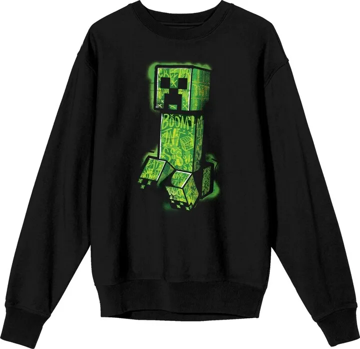 Minecraft Creeper Trap Graphics Men’s Black Long Sleeve Crew Sweatshirt-Medium