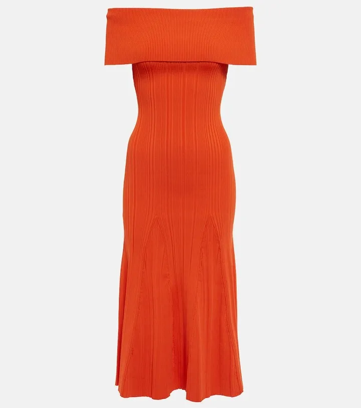 Off-the-shoulder ribbed-knit midi dress