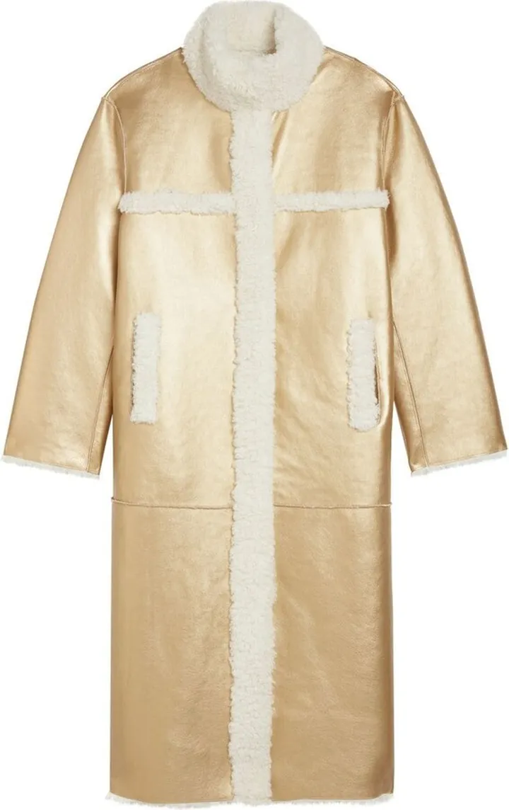 Metallic Shearling-Trim Coat