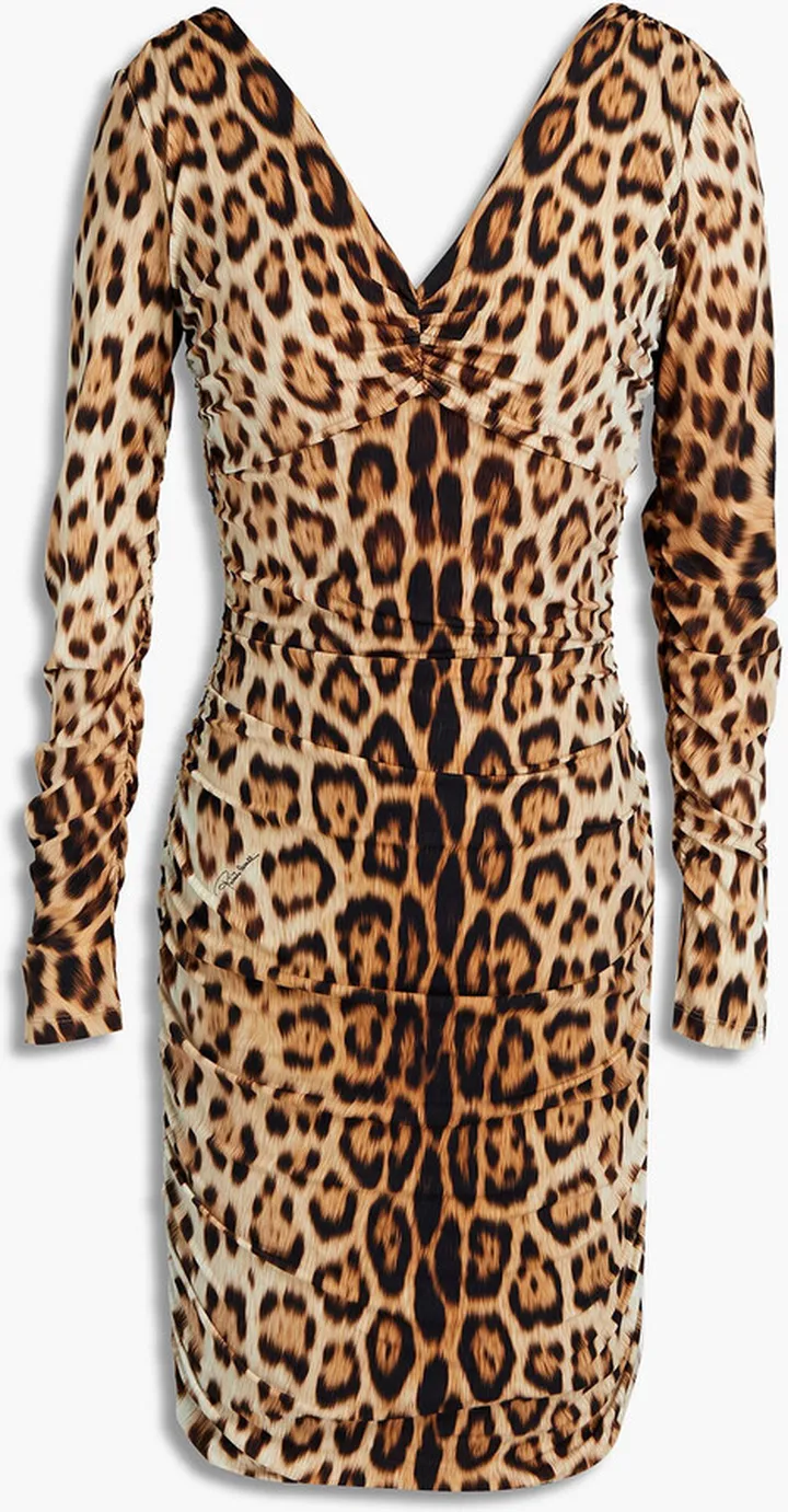 Ruched leopard-print jersey mini dress