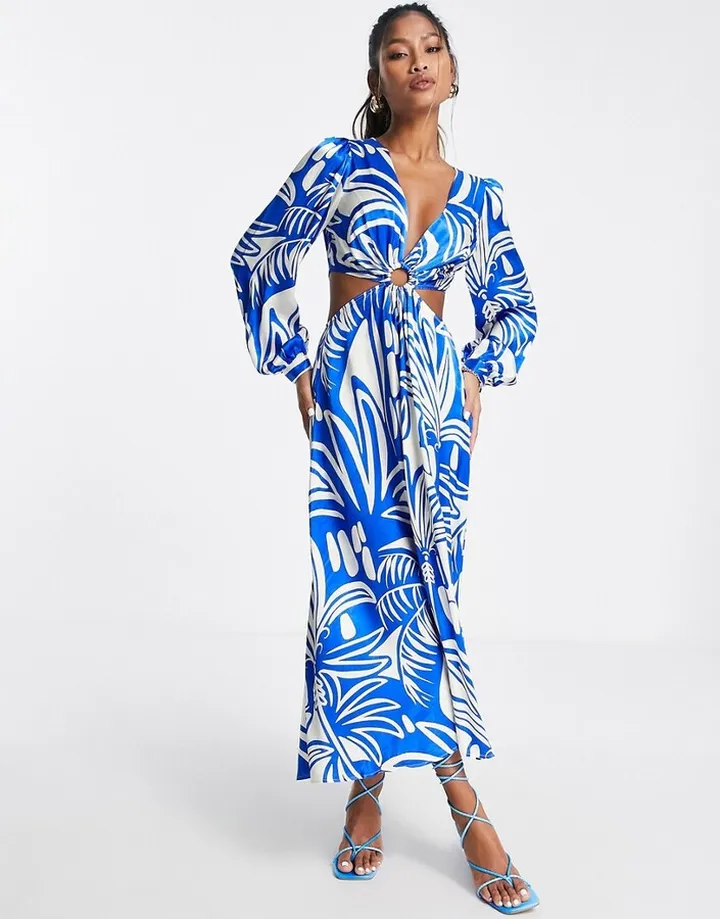 Topshop long sleeve cut out ring detail midi dress in cobalt tropical print