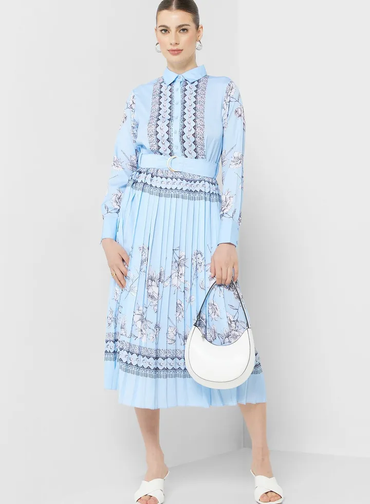 Printed Fit & Flare Belted Dress