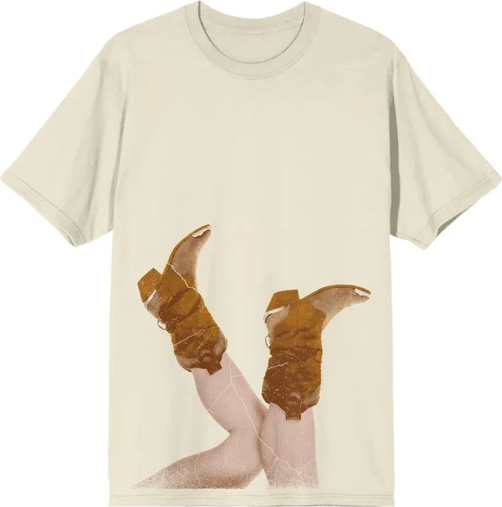 Western Cowgirl Upside Down Boots Crew Neck Short Sleeve Natural Adult T-shirt-XXL