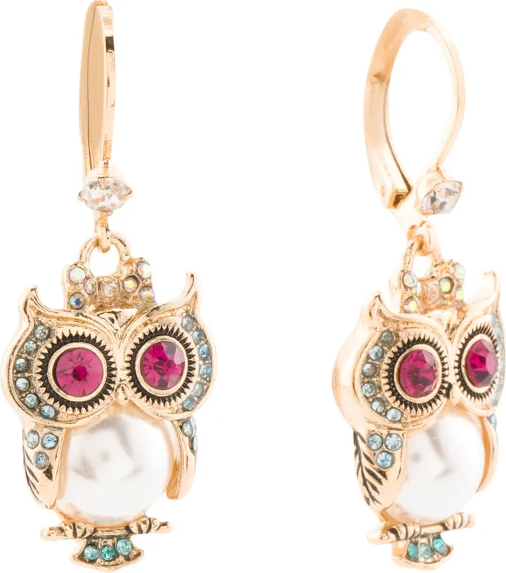 Owl Pearl Lever Back Drop Earrings