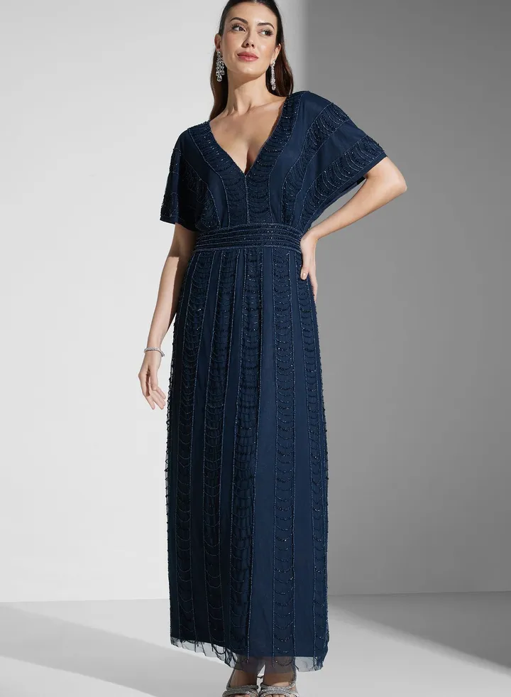 V Neck Embellished Maxi Dress