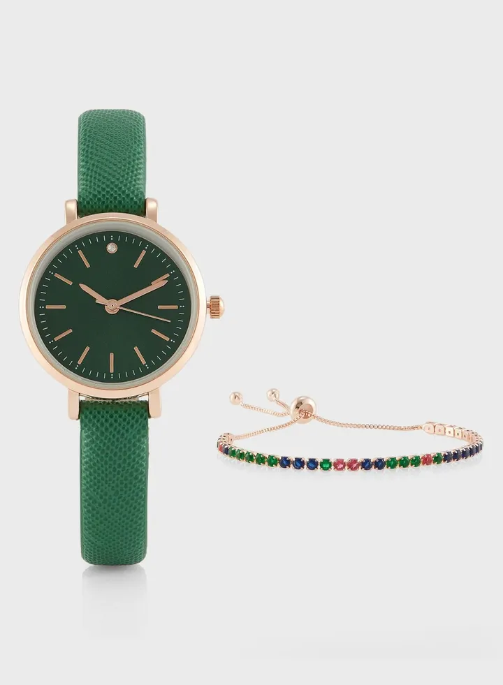 Classic Analogue Watch & Cz Rhinestone Bracelet Gift Set