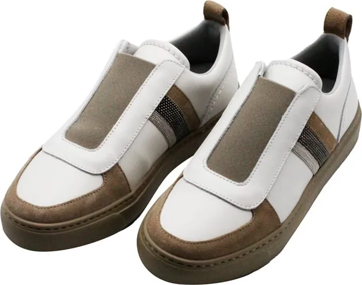 Slip-on Sneaker In Leather With Suede Inserts Embellished With Rows Of Brilliant Jewels On The Sides