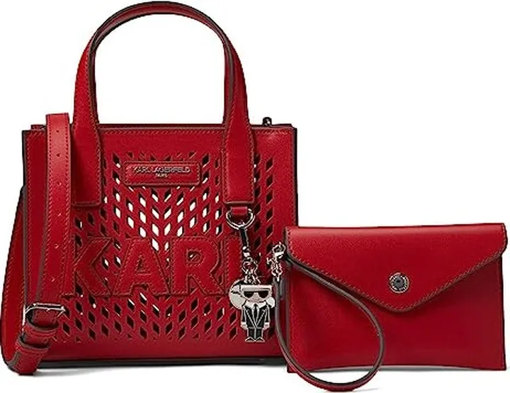 Karl Lagerfeld Paris Nouveau Small Box Crossbody Tote (Crimson) Handbags
