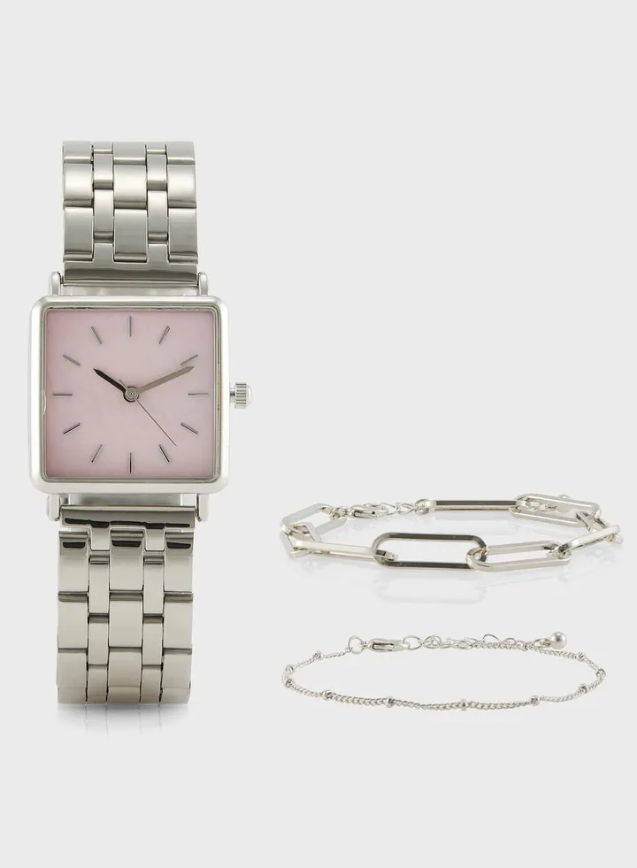 Square Metal Strap Analogue Watch & Bracelet Gift Set
