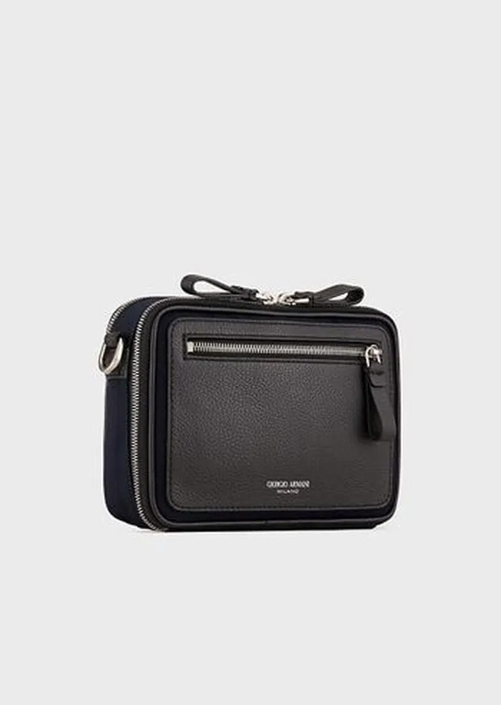 Crossbody bag in nylon and pebbled leather