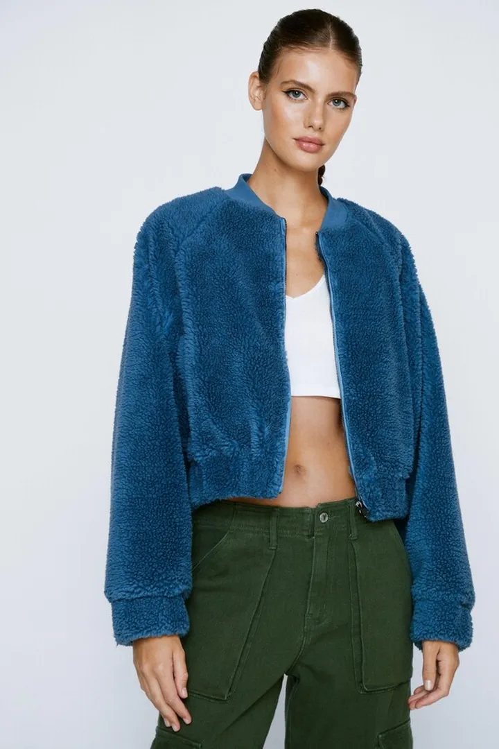 Nasty Gal Womens Teddy Zip Through Cropped Bomber Jacket