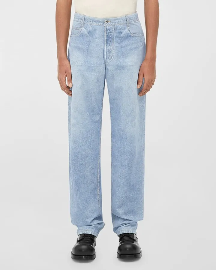 Men's Denim-Print Leather Trousers