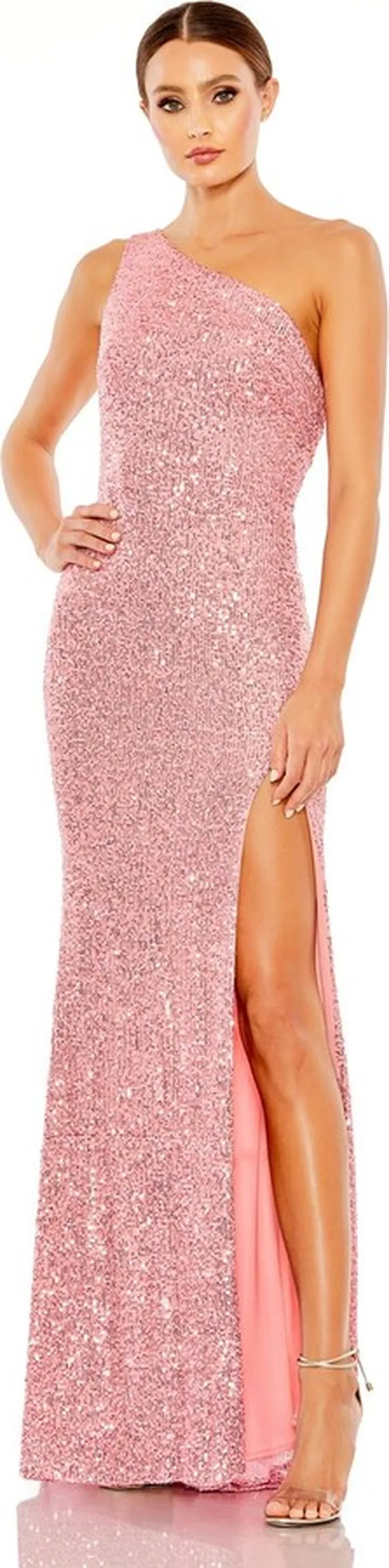 Sequined One Shoulder Draped Back Gown