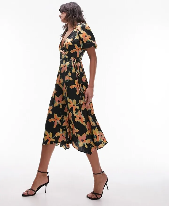 Topshop wrap detail midi dress in floral print