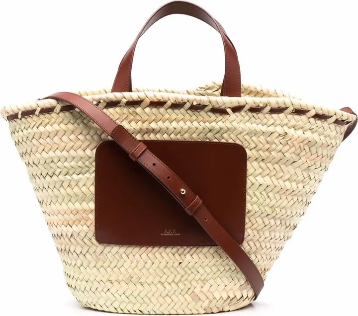 Woman's Zoe Woven Straw Beige And Brown Leather Shopper Bag