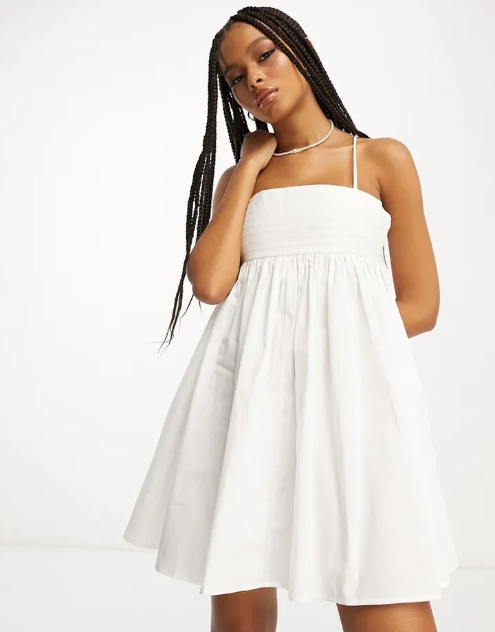 ASOS DESIGN cotton pleat bust babydoll mini sundress in white