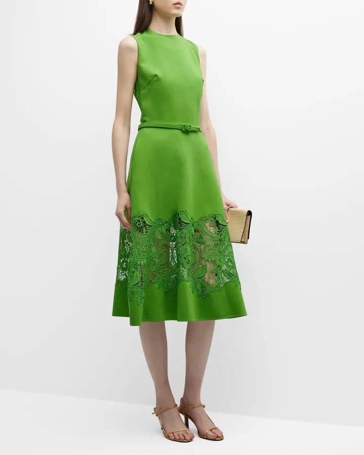 Belted Midi Dress with Lace Inset