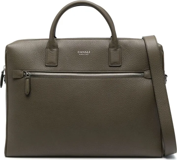 Logo-Stamp Grained-Leather Briefcase