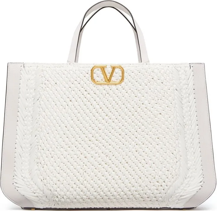 VLogo small raffia and leather tote bag