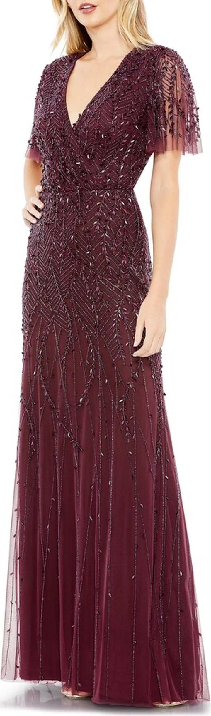 Beaded Leaves Butterfly Sleeve Gown